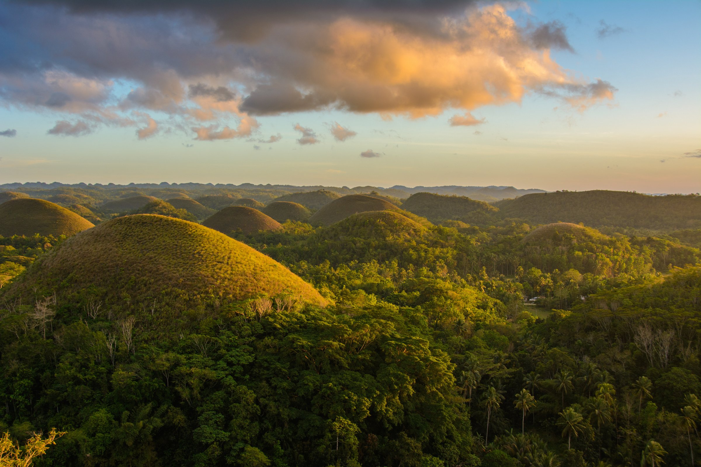 Landscape in Philippines, sunset over the chocolate hills on Bohol